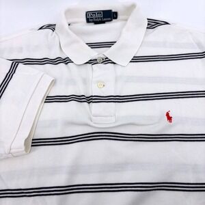 Polo Ralph Lauren Mens Large White Navy Blue Striped Cotton Short Sleeve Polo